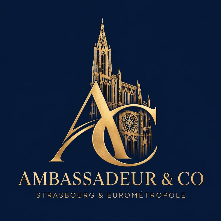 Logo Ambassadeur & Co : monogramme AC doré et cathédrale de Strasbourg, Strasbourg & Eurométropole